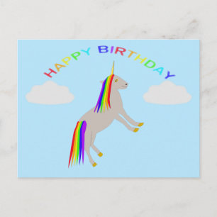 Verjaardags Fantasie Eenhoorn Regenboog en Wolken Briefkaart