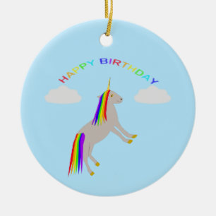 Verjaardags Fantasie Eenhoorn Regenboog en Wolken Keramisch Ornament