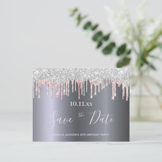 Verjaardags glitter zilver roze goud save the date briefkaart (Staand voorkant)