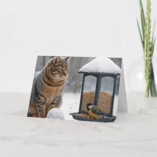 Verjaardags Kat Kijkt naar een Vogel op een Voeder Kaart