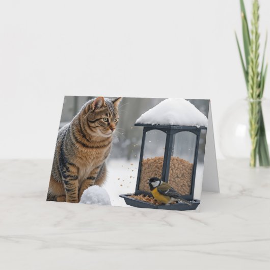 Verjaardags Kat Kijkt naar een Vogel op een Voeder Kaart (Voorkant)