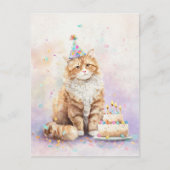 Verjaardags Kat met Taart – Mopshond Kat met Feest Briefkaart (Voorkant)