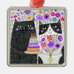 Verjaardags Katten Bloemboeket met Fantasie Metalen Ornament