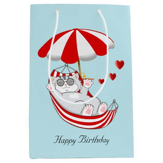 Verjaardags Kitten in Rode & Witte Hangmat Medium Cadeauzakje (Voorkant)