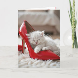 Verjaardags Kitten Slapend in een Rode Schoen Kaart