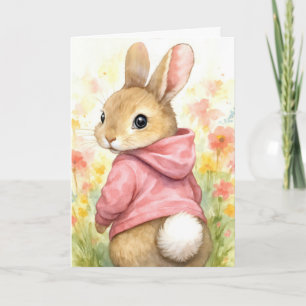 Verjaardags Konijn in een Roze Hoodie  Kaart