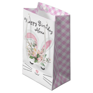 Verjaardags Konijn met Bloemen en Gingham Klein Cadeauzakje
