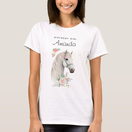 Verjaardags Meisje Elegant Wit Paard Boho Floral T-shirt (Voorkant)
