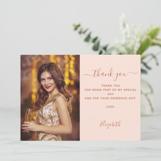 Verjaardags perzik roos gouden foto dank u kaart (Staand voorkant)