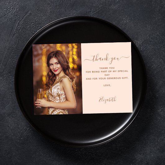 Verjaardags perzik roos gouden foto dank u kaart