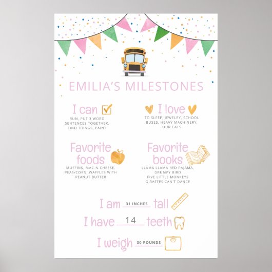 Verjaardags poster voor meisjes met schoolbus them (Voorkant)