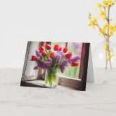Verjaardags rode tulp en sering boeket kaart (Gele Bloem)