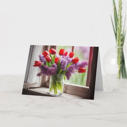 Verjaardags rode tulp en sering boeket kaart (Voorkant)