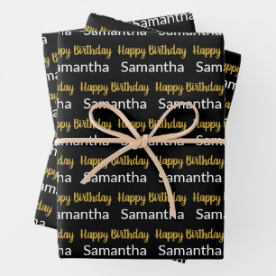Verjaardags Script Gold Zwart en Wit Naam Inpakpapier Vel
