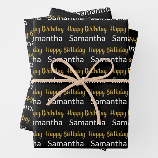 Verjaardags Script Gold Zwart en Wit Naam Inpakpapier Vel (In situ)