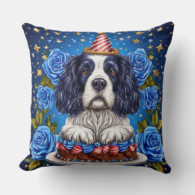 Verjaardags Spaniel Vreugde Feest Feestelijke Vier Kussen (Voorkant)