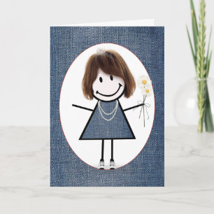 Verjaardags Stick Figure Meisje met Madeliefjes Kaart