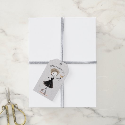 Verjaardags Stick Figure Meisje Met Martini Cadeaulabel (Met Touw)