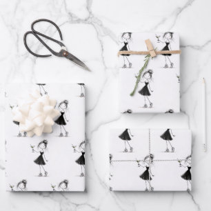 Verjaardags Stick Figure Meisje met Martini Inpakpapier Vel