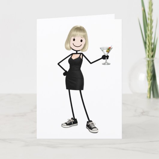 Verjaardags Stick Figure Meisje met Martini Kaart (Voorkant)