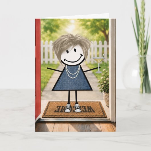 Verjaardags Stick Figure Meisje met Martini Kaart (Voorkant)