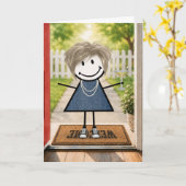 Verjaardags Stick Figure Meisje met Martini Kaart (Gele Bloem)