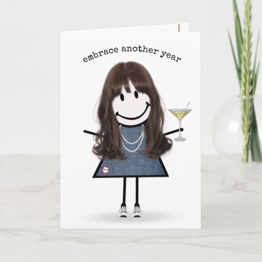 Verjaardags Stick Figure Meisje met Martini Kaart (Voorkant)