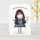 Verjaardags Stick Figure Meisje met Martini Kaart (Gele Bloem)