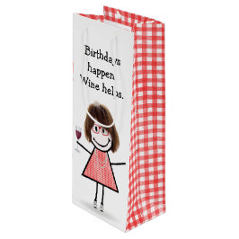 Verjaardags Stick Figure Meisje met Rode Wijn Cadeautas