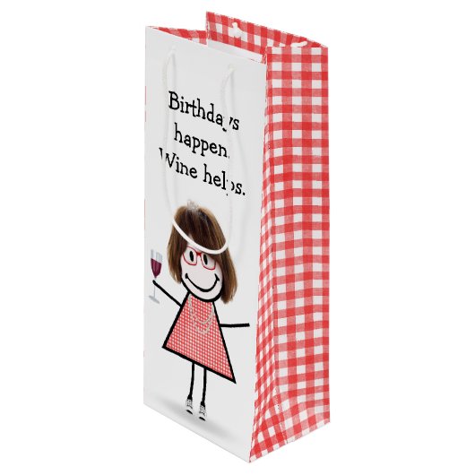 Verjaardags Stick Figure Meisje met Rode Wijn Cadeautas (Voorkant Gekanteld)