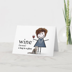 Verjaardags Stick Figure Meisje Met Wijn En Kat Kaart