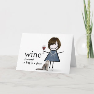Verjaardags Stick Figure Meisje Met Wijn En Kat Kaart