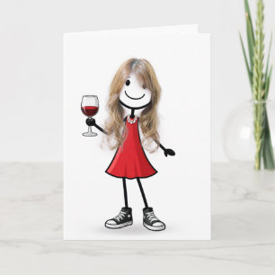 Verjaardags Stick Figure Meisje met Wijn Glas Kaart