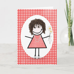 Verjaardags Stick Figure Meisje Op Rode Gingham   Kaart