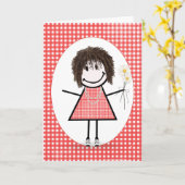 Verjaardags Stick Figure Meisje Op Rode Gingham Kaart (Gele Bloem)