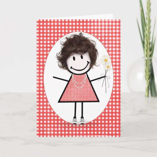 Verjaardags Stick Figure Meisje Op Rode Gingham Kaart (Voorkant)