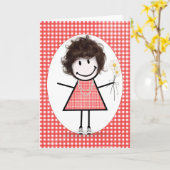 Verjaardags Stick Figure Meisje Op Rode Gingham Kaart (Gele Bloem)