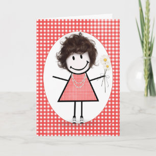 Verjaardags Stick Figure Meisje Op Rode Gingham Kaart