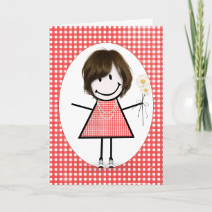 Verjaardags Stick Figure Meisje Op Rode Gingham Kaart