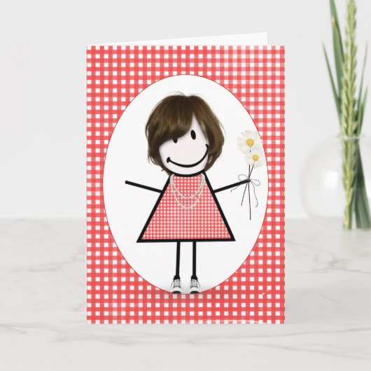 Verjaardags Stick Figure Meisje Op Rode Gingham Kaart (Voorkant)