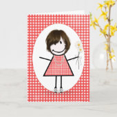 Verjaardags Stick Figure Meisje Op Rode Gingham Kaart (Gele Bloem)