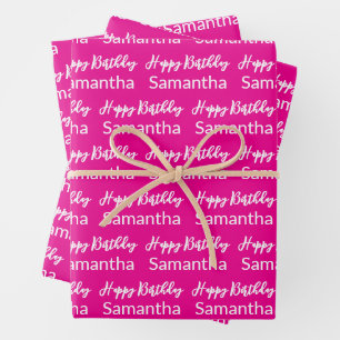 Verjaardags tekst in roze en witte naam inpakpapier vel
