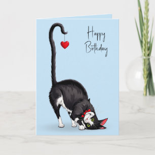 Verjaardags Tuxedo Kat Met Bungelend Rood Hart Kaart
