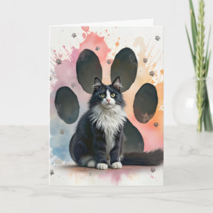Verjaardags Tuxedo Kat met Pootafdrukken Kaart