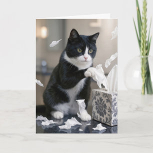 Verjaardags Tuxedo Kat Speelt met een Zakdoekendoo Kaart