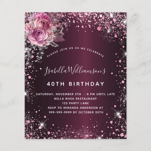 Verjaardags uitnodiging met burgundy glitters en b flyer (Voorkant)