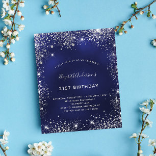 Verjaardags uitnodiging navyblauw zilver budget flyer