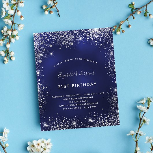 Verjaardags uitnodiging navyblauw zilver budget flyer