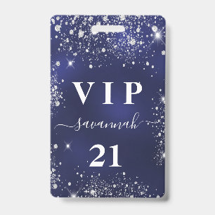 Verjaardags uitnodiging navyblauw zilver glitter v badge