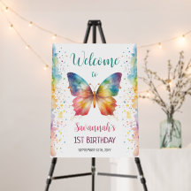 Verjaardags welkom bord 'Rainbow Butterfly' voor 1